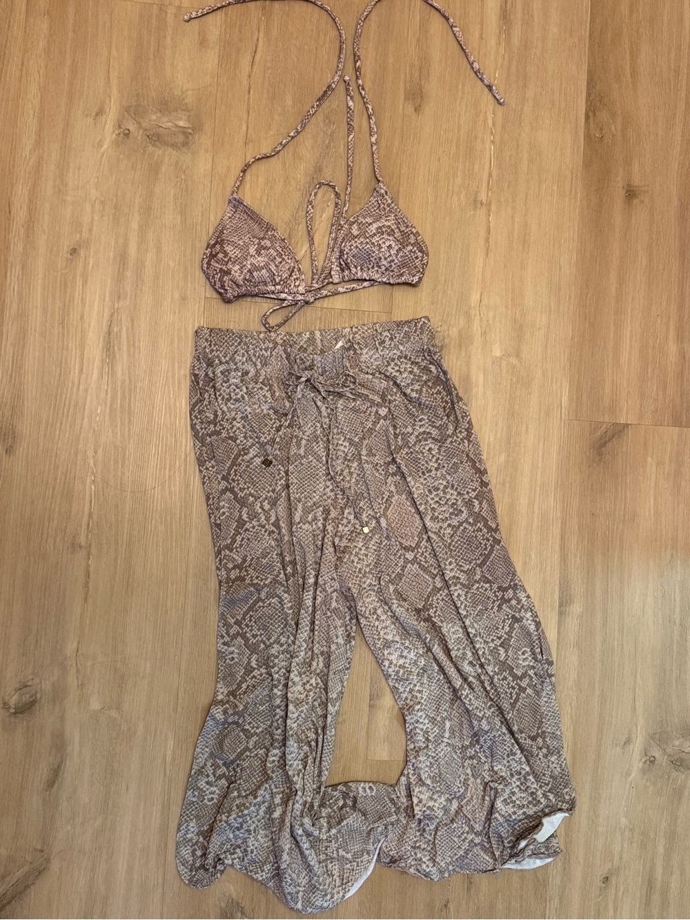 Women’s Snake-Print Bikini Top & Beach Pants Set - Taupe
